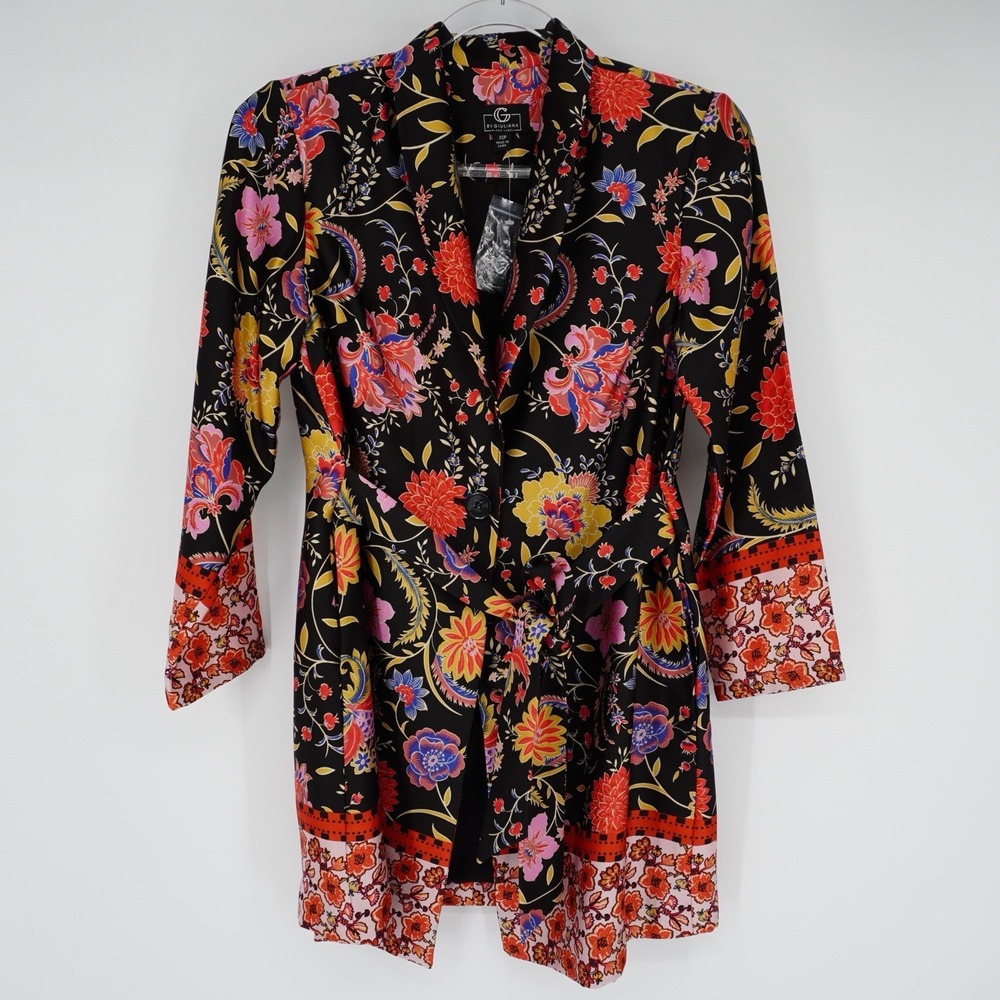 G by Giuliana Black Label Woven Floral Black Kimono Long Blazer XSP Artsy NEW‎